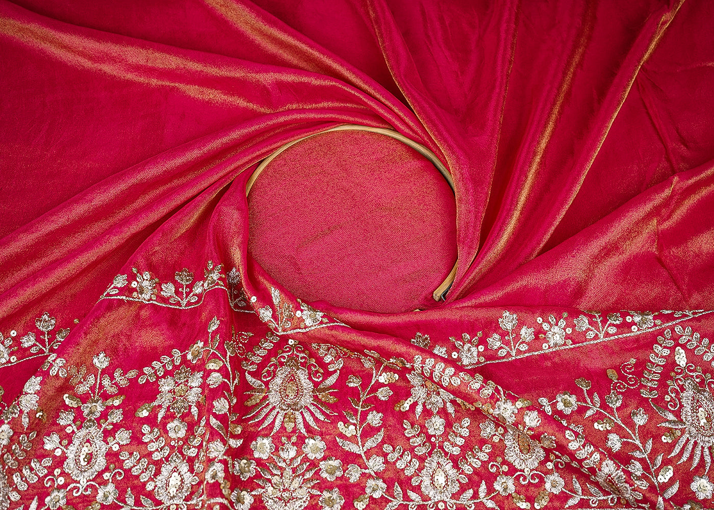 Rani Pink Tissue Fabric with Heavy Border of Zari and Sequins Work  20909