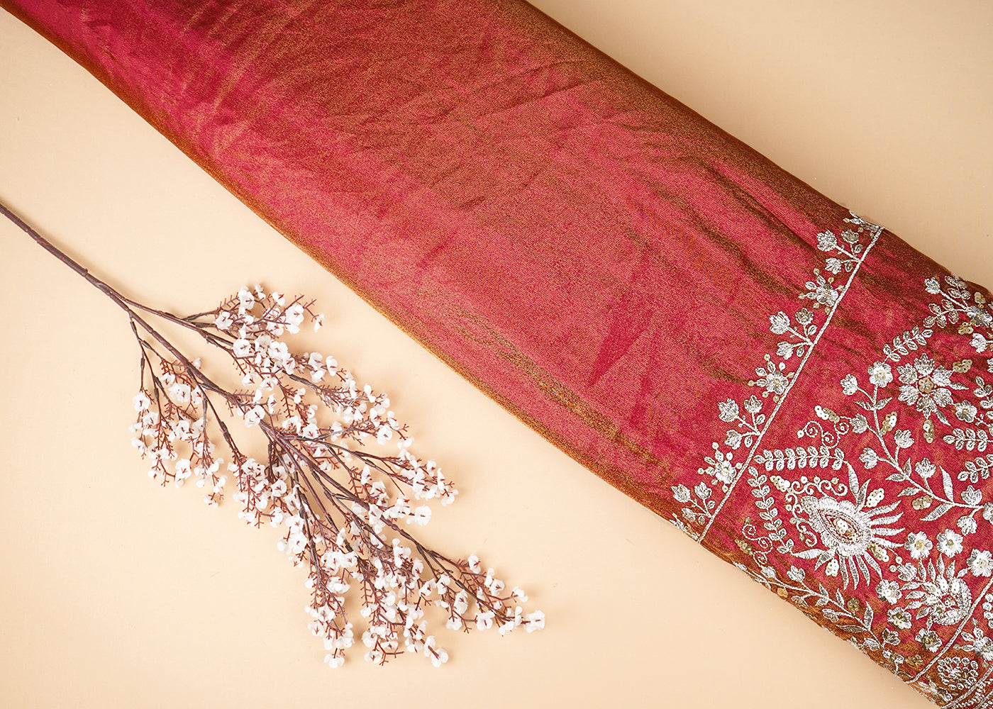 Maroon Tissue Fabric with Heavy Border of Zari and Sequins Work  20911
