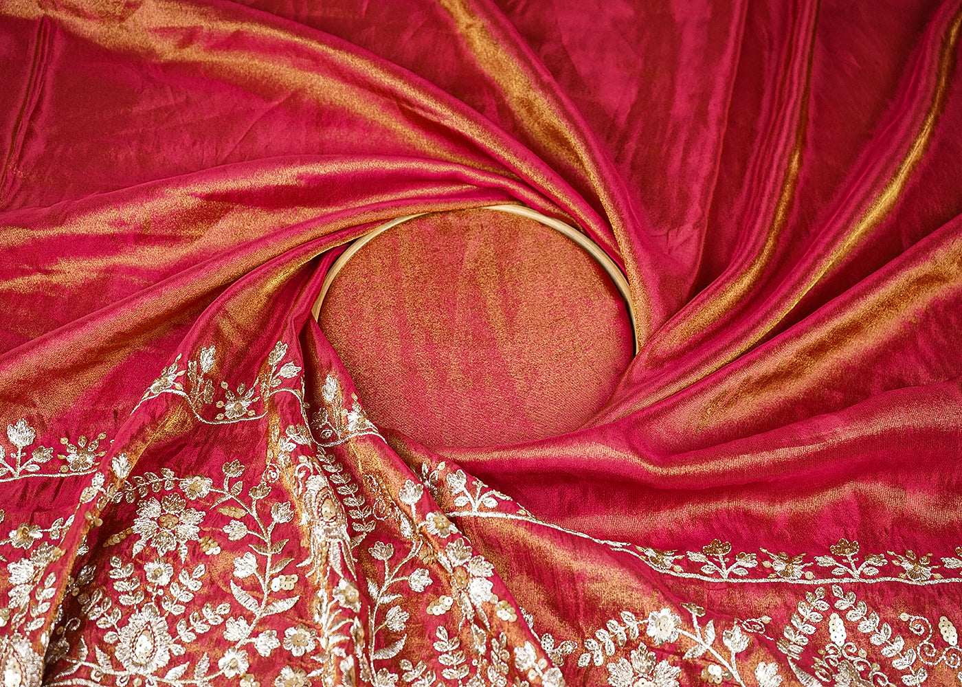Maroon Tissue Fabric with Heavy Border of Zari and Sequins Work  20911