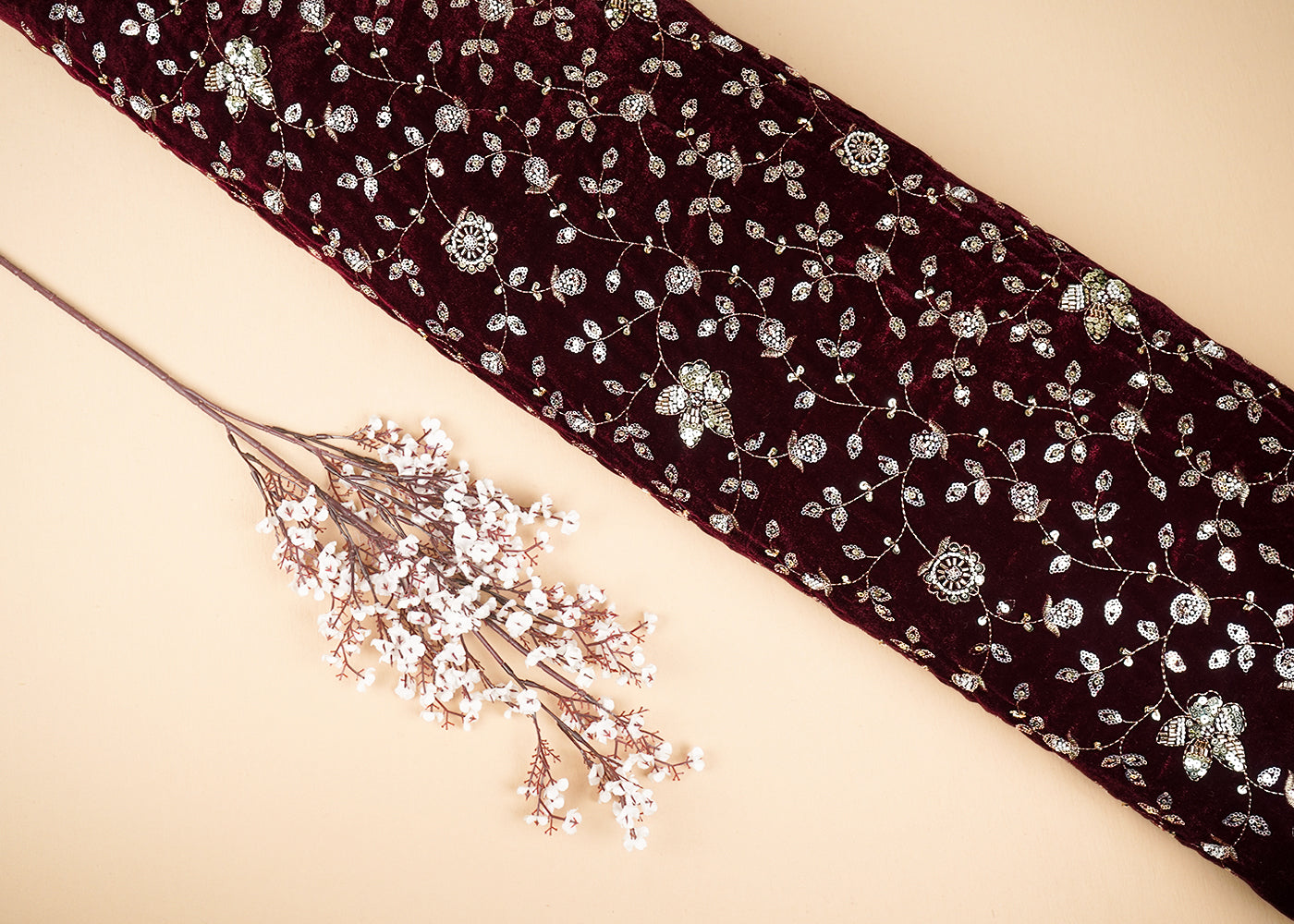 Maroon Velvet Fabric With All Over Sequins, Katdana, Zari And Bead 20912