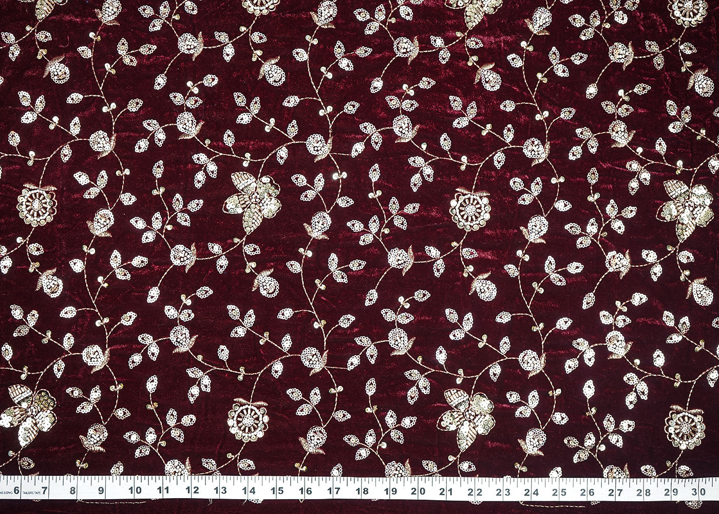 Maroon Velvet Fabric With All Over Sequins, Katdana, Zari And Bead 20912