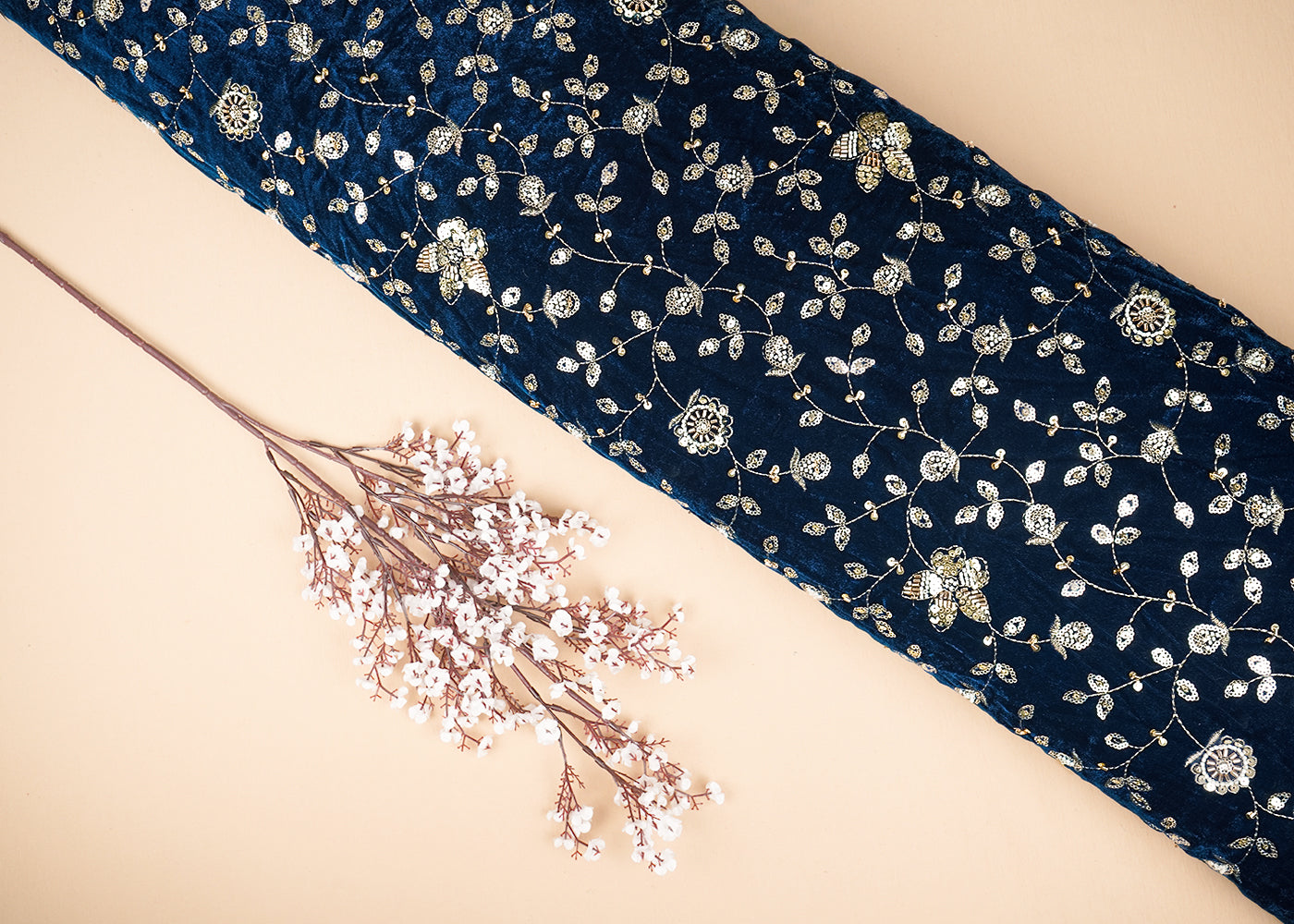 Teal Blue Velvet Fabric With All Over Sequins, Katdana, Zari And Bead 20913