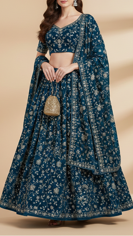 Teal Blue Velvet Fabric With All Over Sequins, Katdana, Zari And Bead 20913