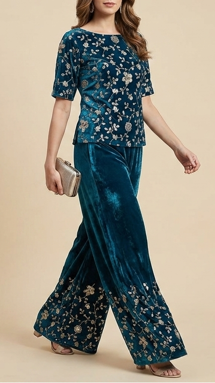 Teal Blue Velvet Fabric With All Over Sequins, Katdana, Zari And Bead 20913