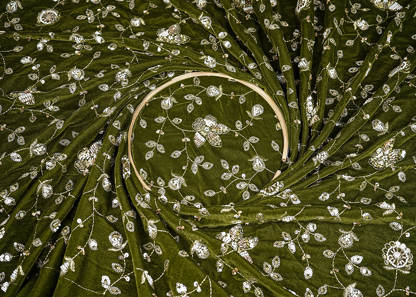 Mehendi Green Velvet Fabric With All Over Sequins, Katdana, Zari And Bead 20914