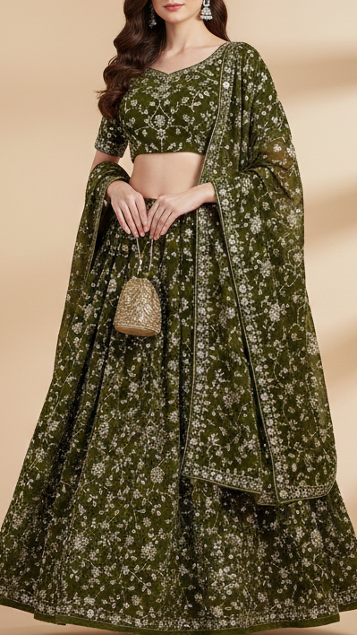 Mehendi Green Velvet Fabric With All Over Sequins, Katdana, Zari And Bead 20914
