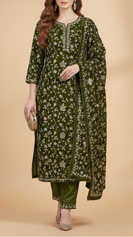 Mehendi Green Velvet Fabric With All Over Sequins, Katdana, Zari And Bead 20914