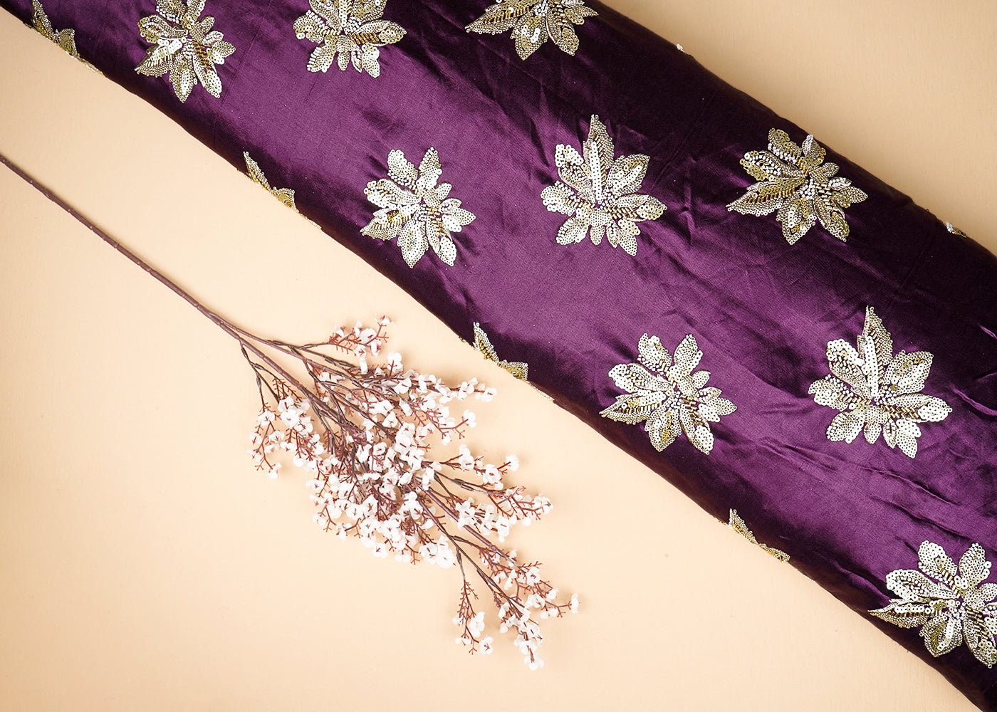 Deep Purple Silk Fabric With All Over Sequins, Bead And Katdana 20915