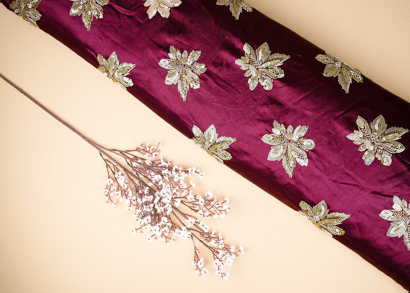Wine Silk Fabric With All Over Sequins, Bead And Katdana 20916