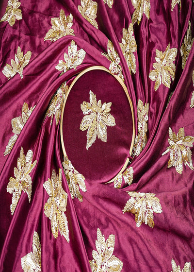 Wine Silk Fabric With All Over Sequins, Bead And Katdana Work 20916