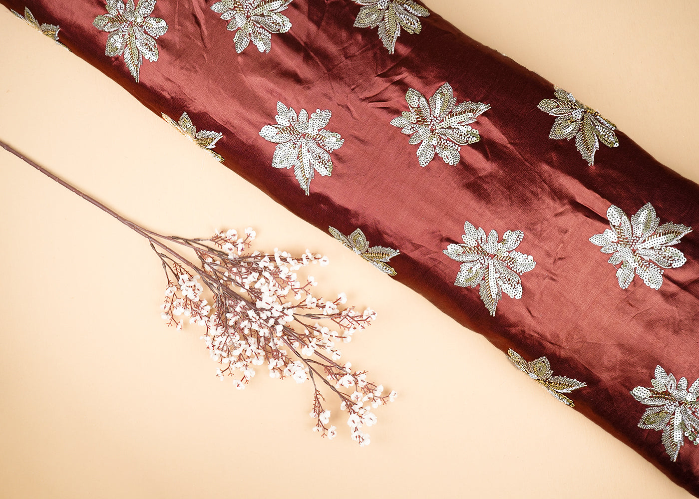 Deep Brown    Silk Fabric With All Over Sequins, Bead And Katdana 20917