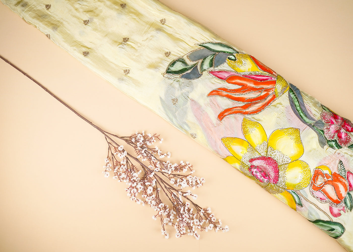 Lemon Silk Fabric With Allover Sequins And Zari Work With One Side Floral Border 20918