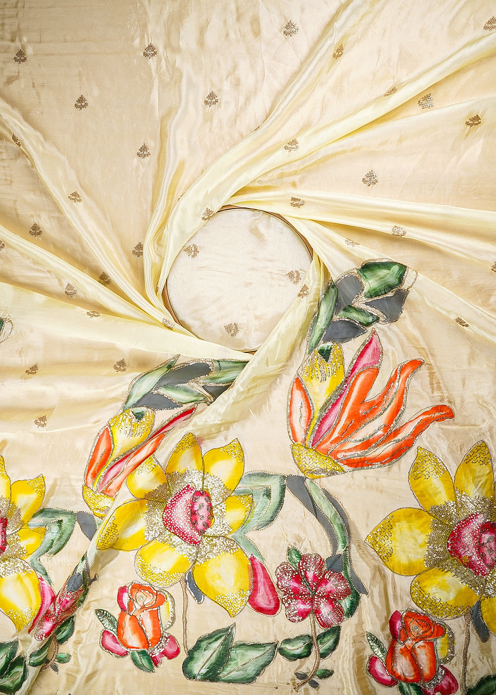 Lemon Silk Fabric With Allover Sequins And Zari Work With One Side Floral Border 20918