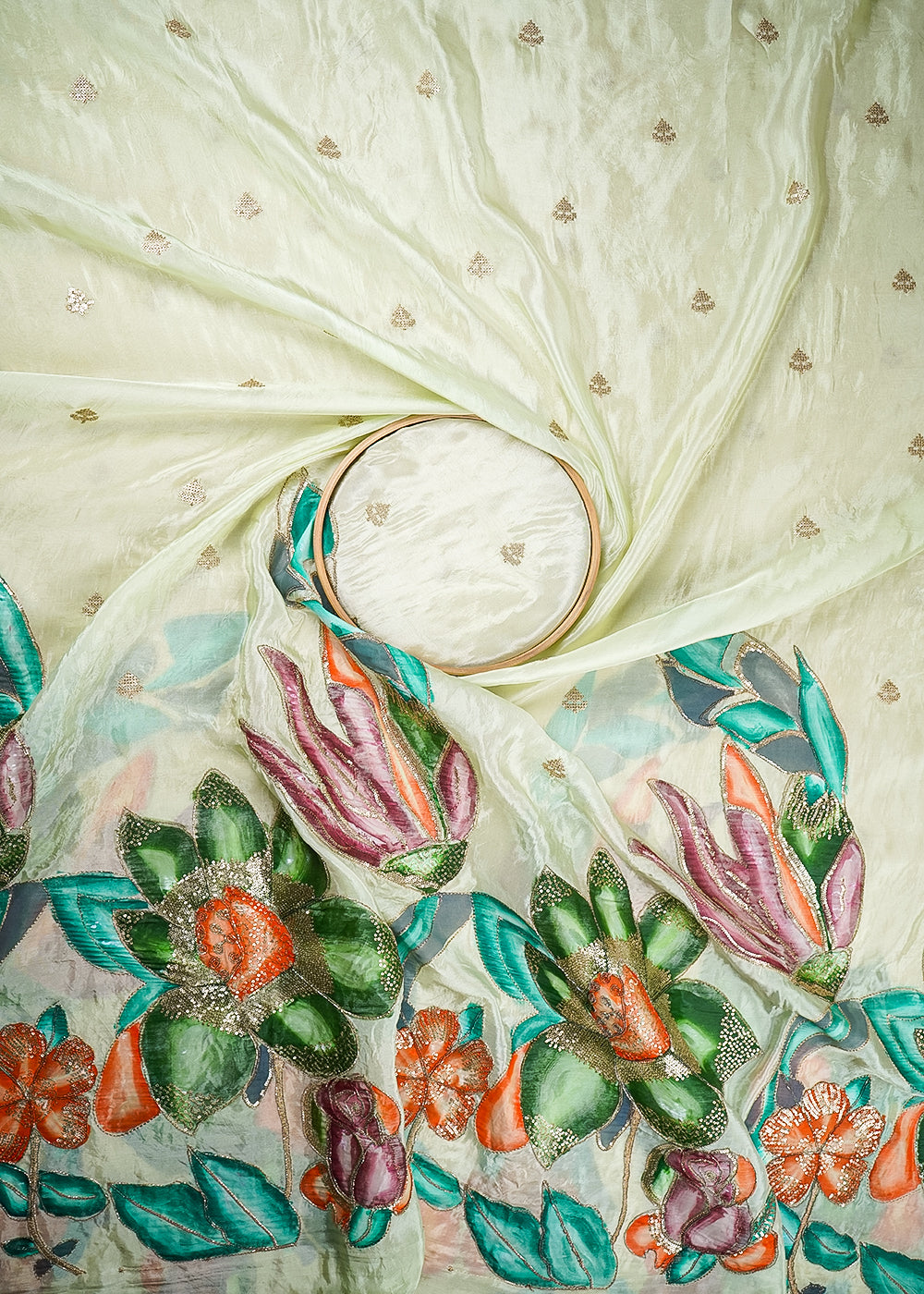 Pista Green Silk Fabric With Allover Buti Of Zari And Sequins With One-Side Floral Border 20919