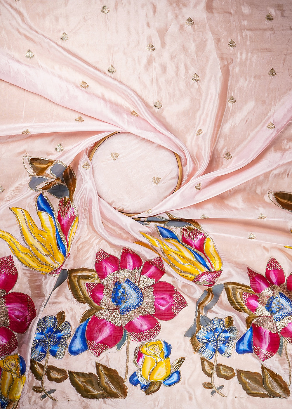 Baby Pink Silk Fabric With Allover Sequins And Zari Work With One Side Floral Border 20920