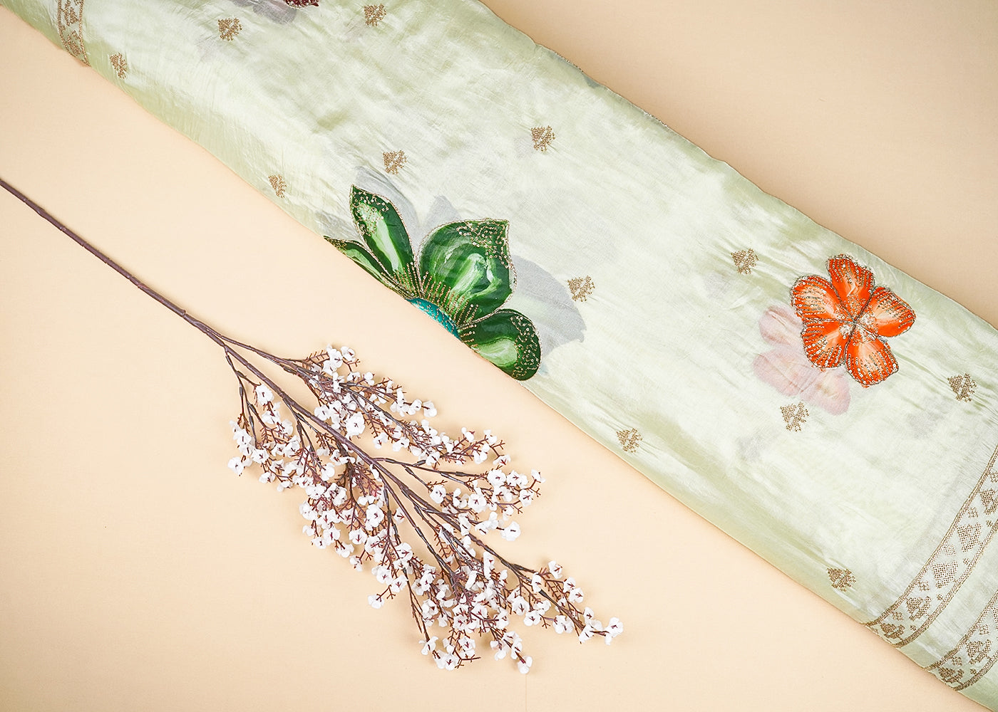 Pista Green Silk Fabric With Allover Sequins And Zari Work With Two Side Floral Border 20921