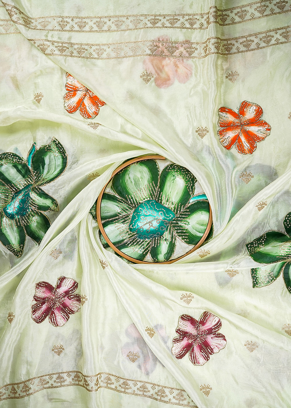 Pista Green Silk Fabric With Allover Sequins And Zari Work With Two Side Floral Border 20921