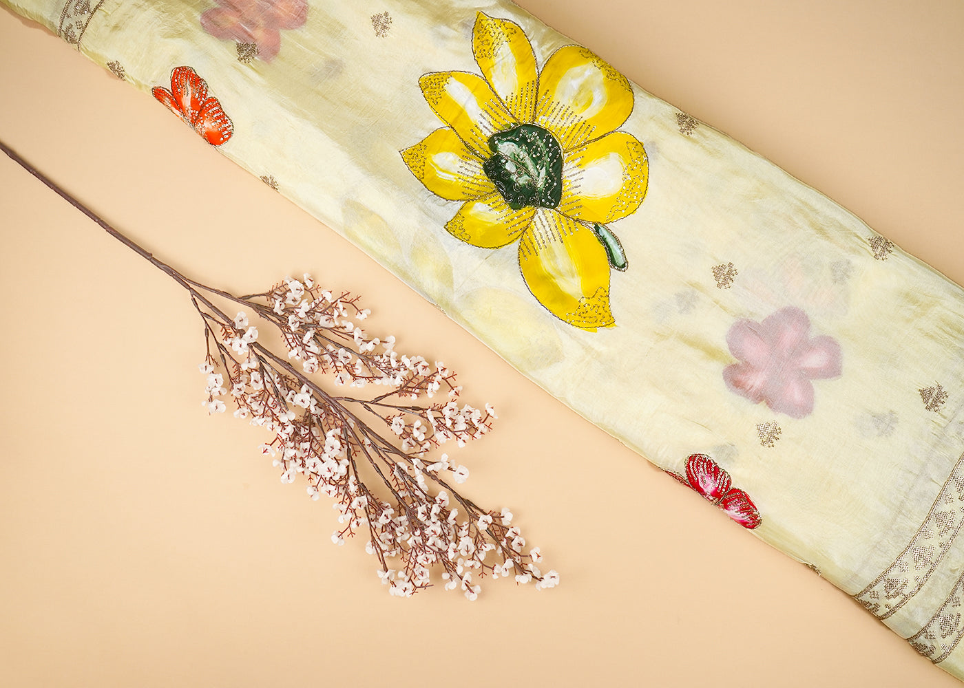 Lemon Silk Fabric With Allover Sequins And Zari Work With Two Side Floral Border 20922