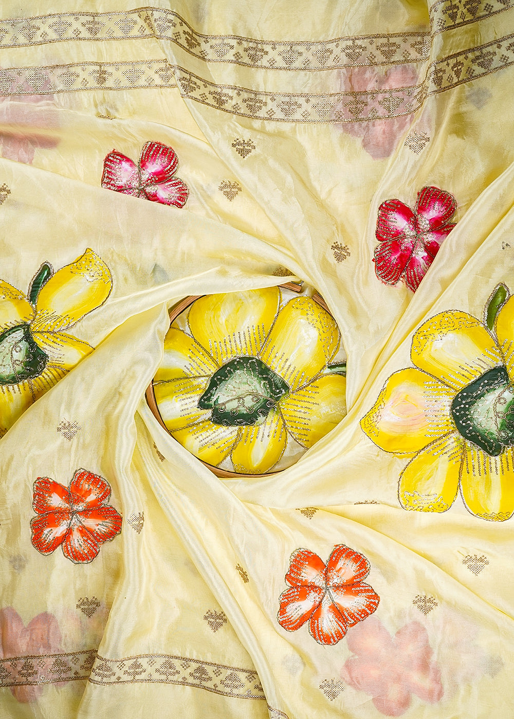 Lemon Silk Fabric With Allover Sequins And Zari Work With Two Side Floral Border 20922