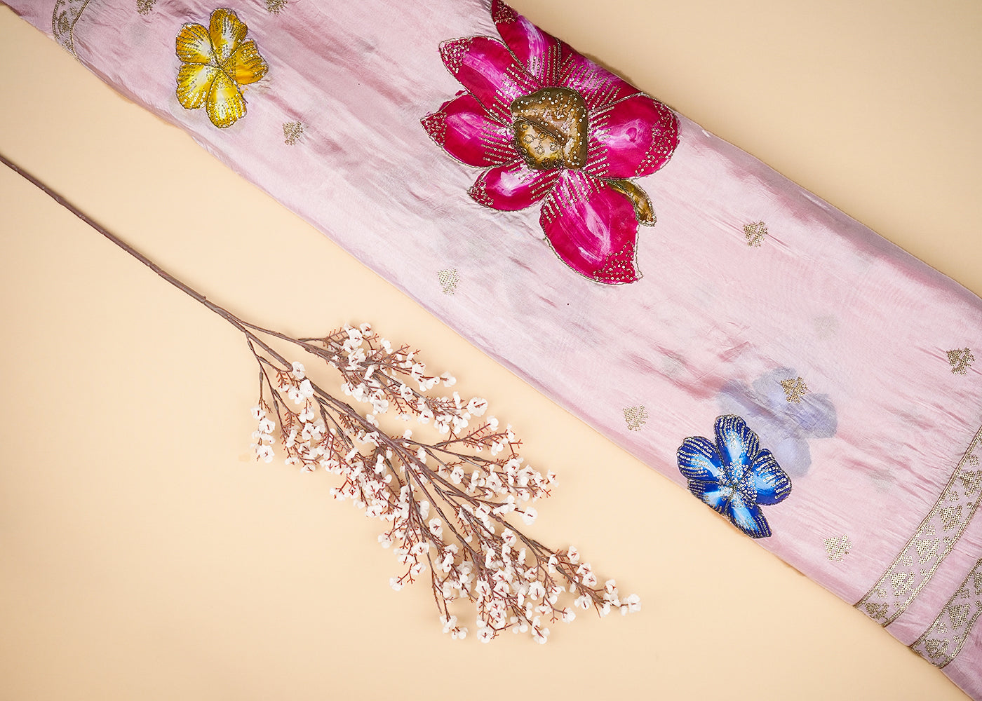 Baby Pink Silk Fabric With Allover Sequins And Zari Work With Two Side Floral Border 20923