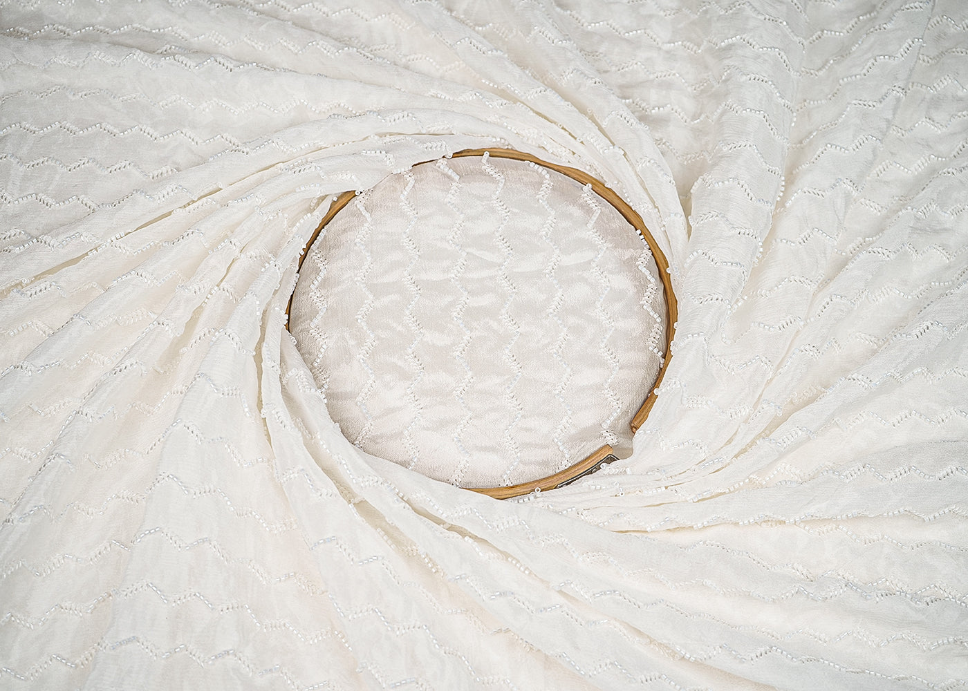 White Chinon Chiffon Fabric With All Over Thread And Bead Work 20924