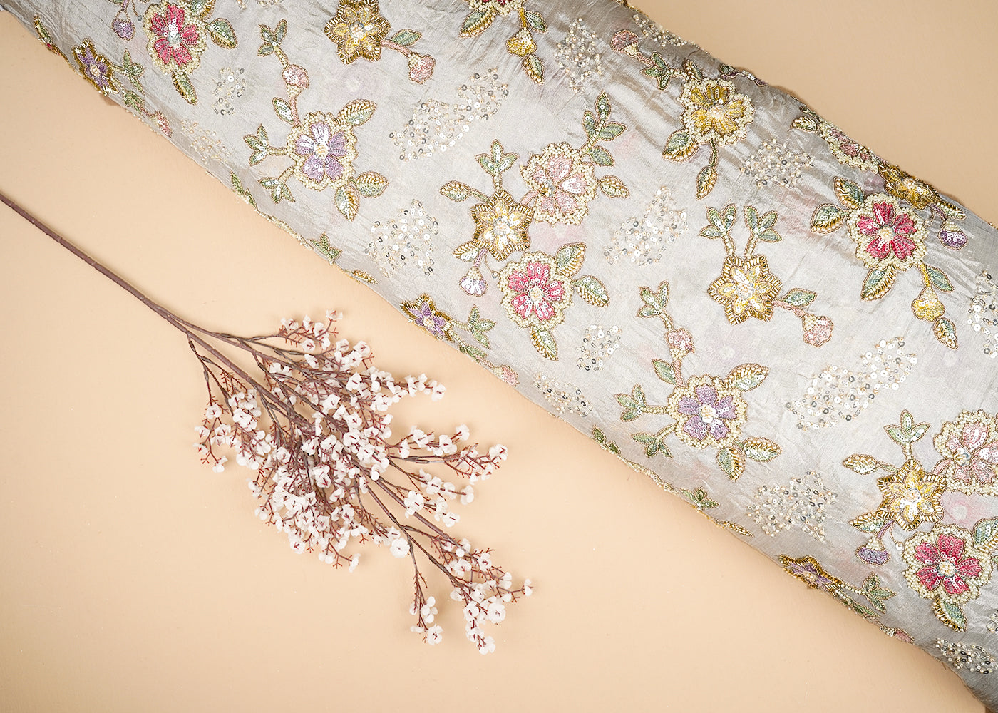 White Chinon Chiffon Fabric With All Over Thread, Bead, Katdana And Sequins Work 20925