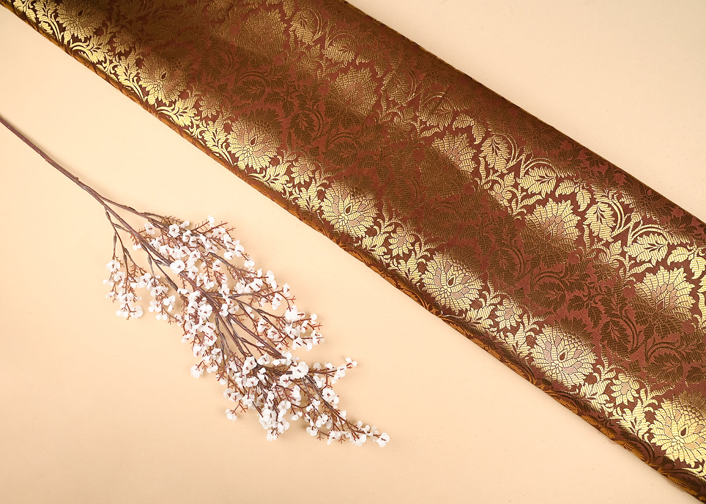 Brown Banarasi Brocade Fabric With All Over Golden Zari Handloom 20936