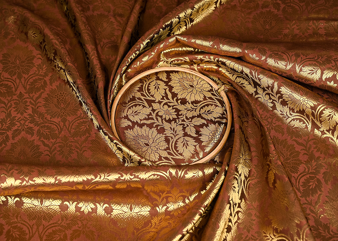 Brown Banarasi Brocade Fabric With All Over Golden Zari Handloom 20936