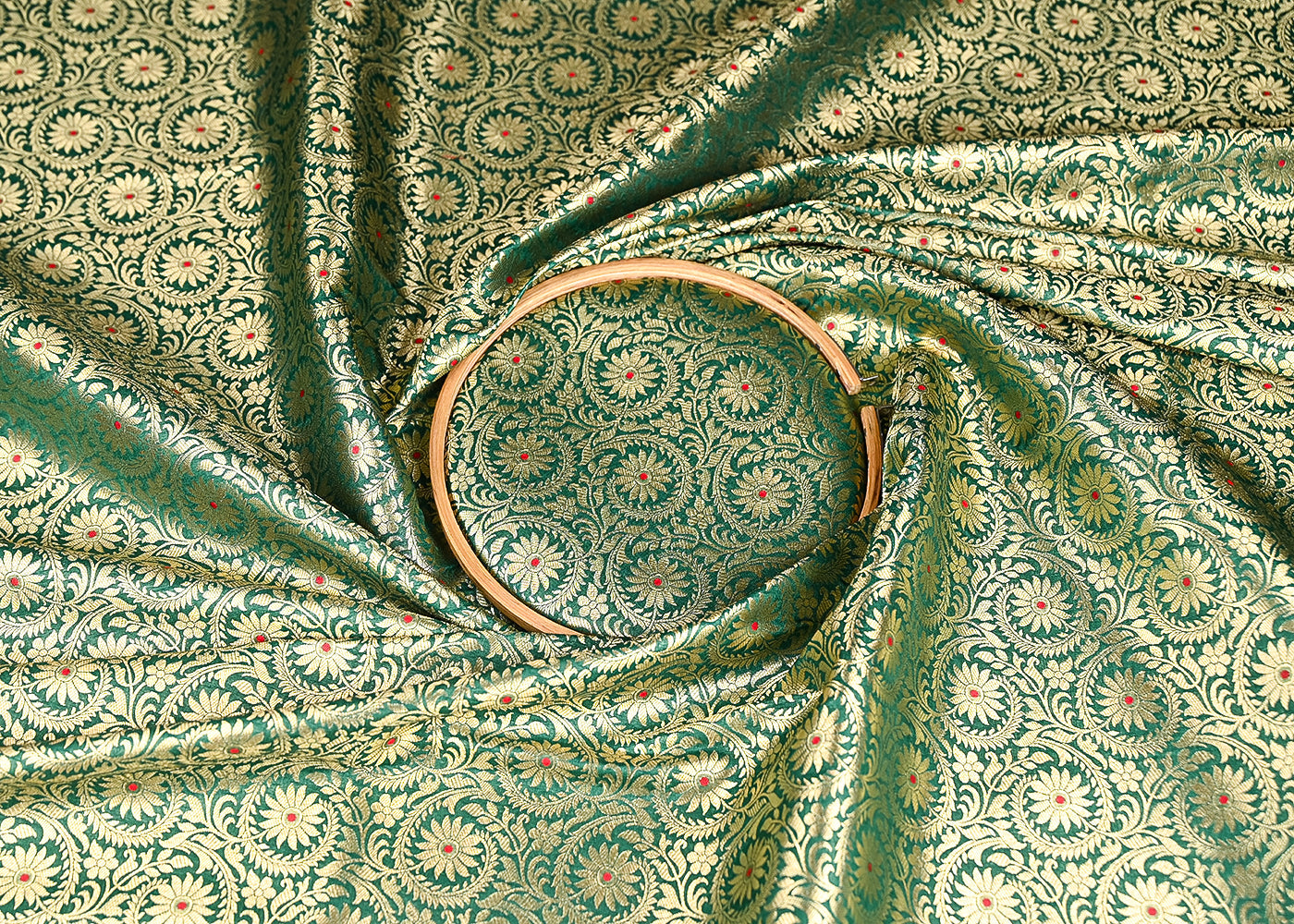 Bottle Green Banarasi Brocade Fabric With All Over Thread And Zari Handloom 20940