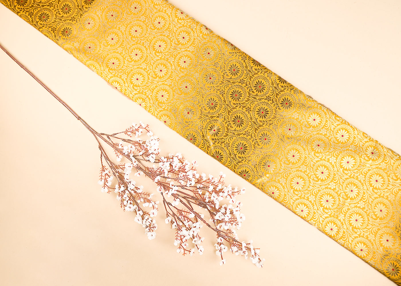 Mustard Banarasi Brocade Fabric With All Over Thread And Zari Handloom 20941