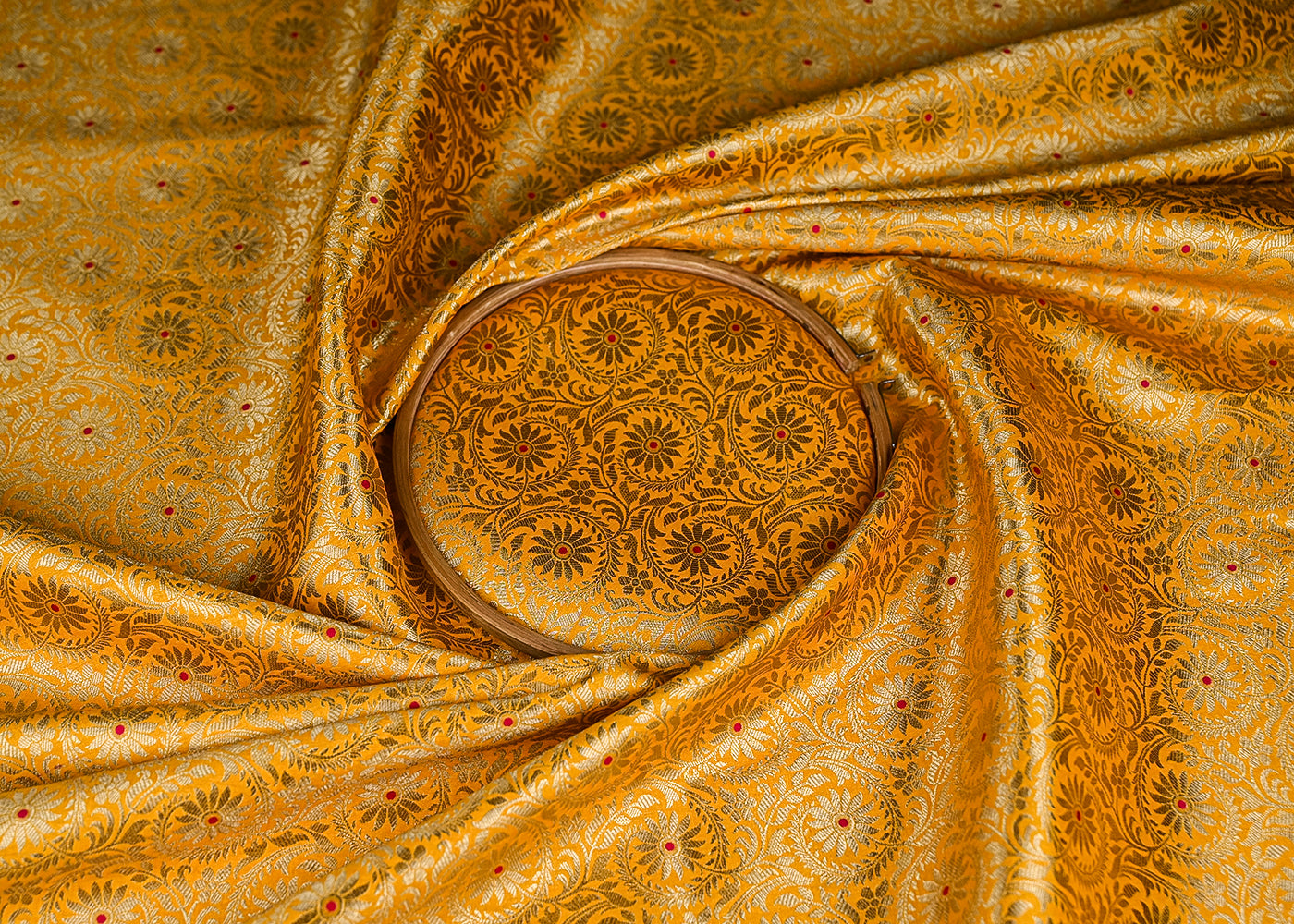 Mustard Banarasi Brocade Fabric With All Over Thread And Zari Handloom 20941