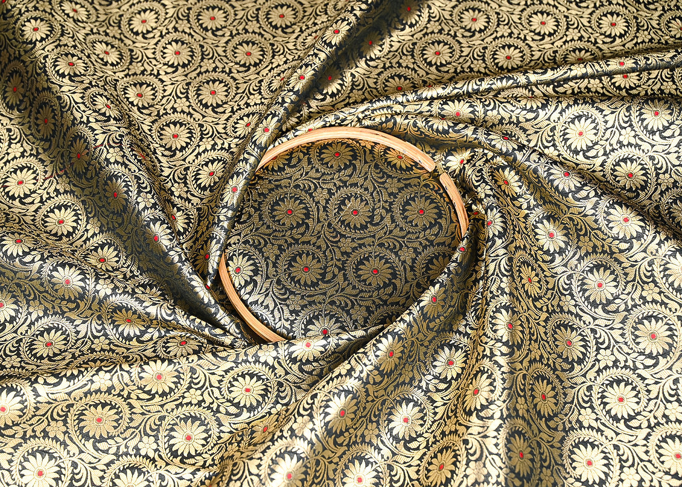 Black Banarasi Brocade Fabric With All Over Thread And Zari Handloom 20946