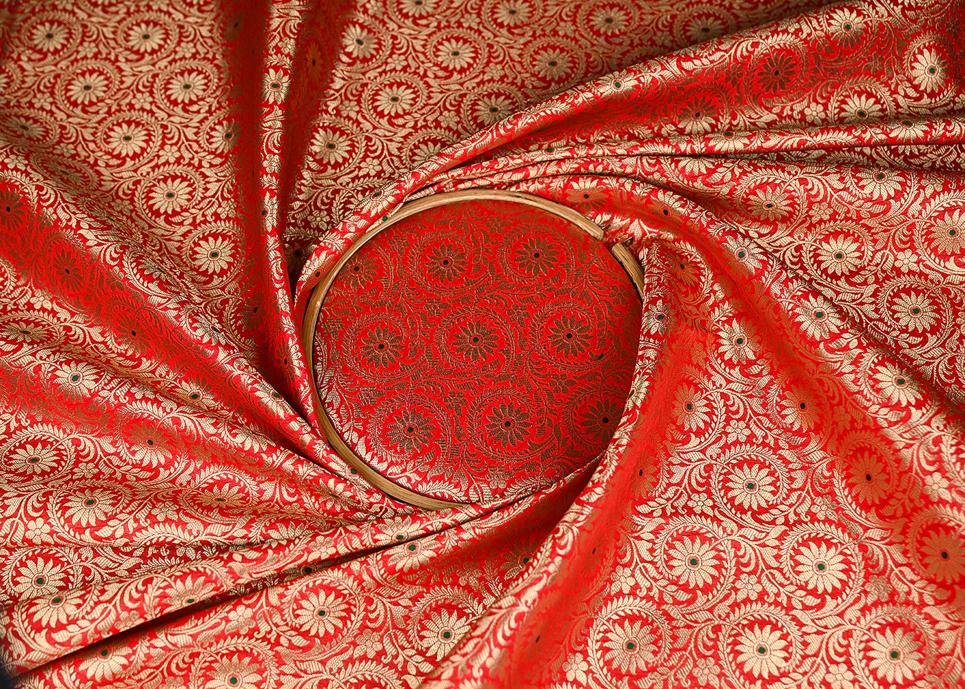 Red Banarasi Brocade Fabric With All Over Thread And Zari Handloom 20947