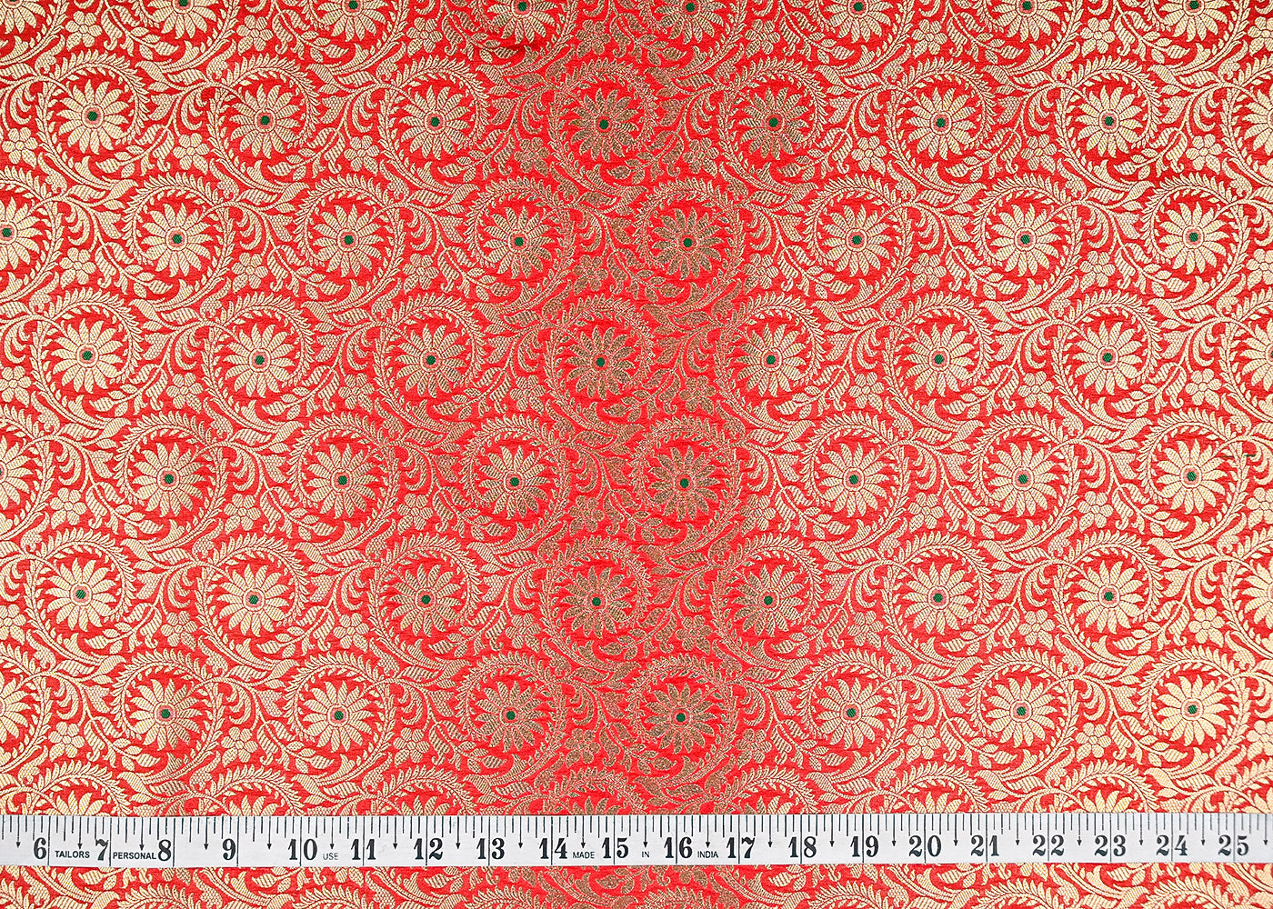 Red Banarasi Brocade Fabric With All Over Thread And Zari Handloom 20947