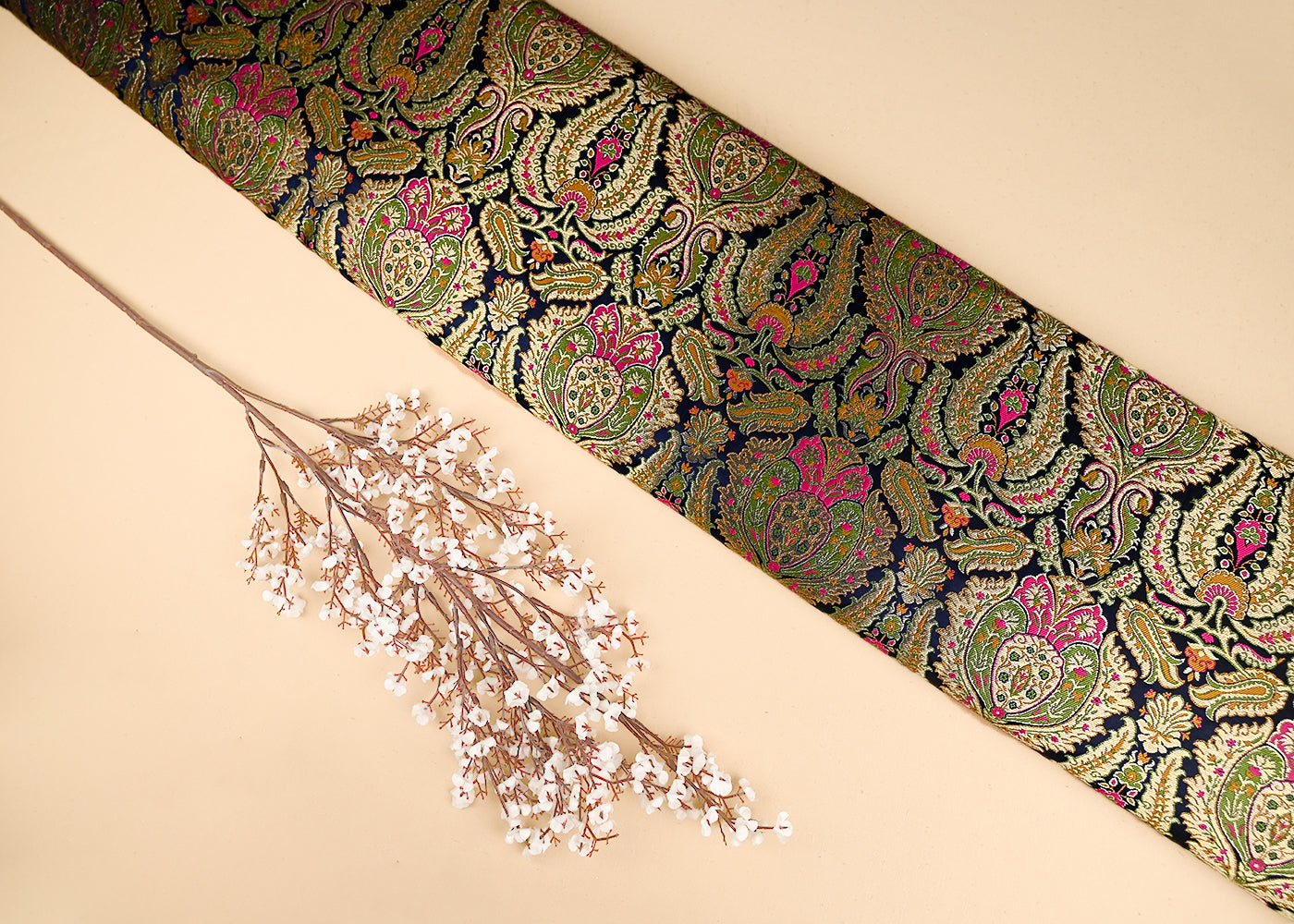 Navy Blue Pure Banarasi Brocade Fabric With All Over Thread And Zari Handloom 20948