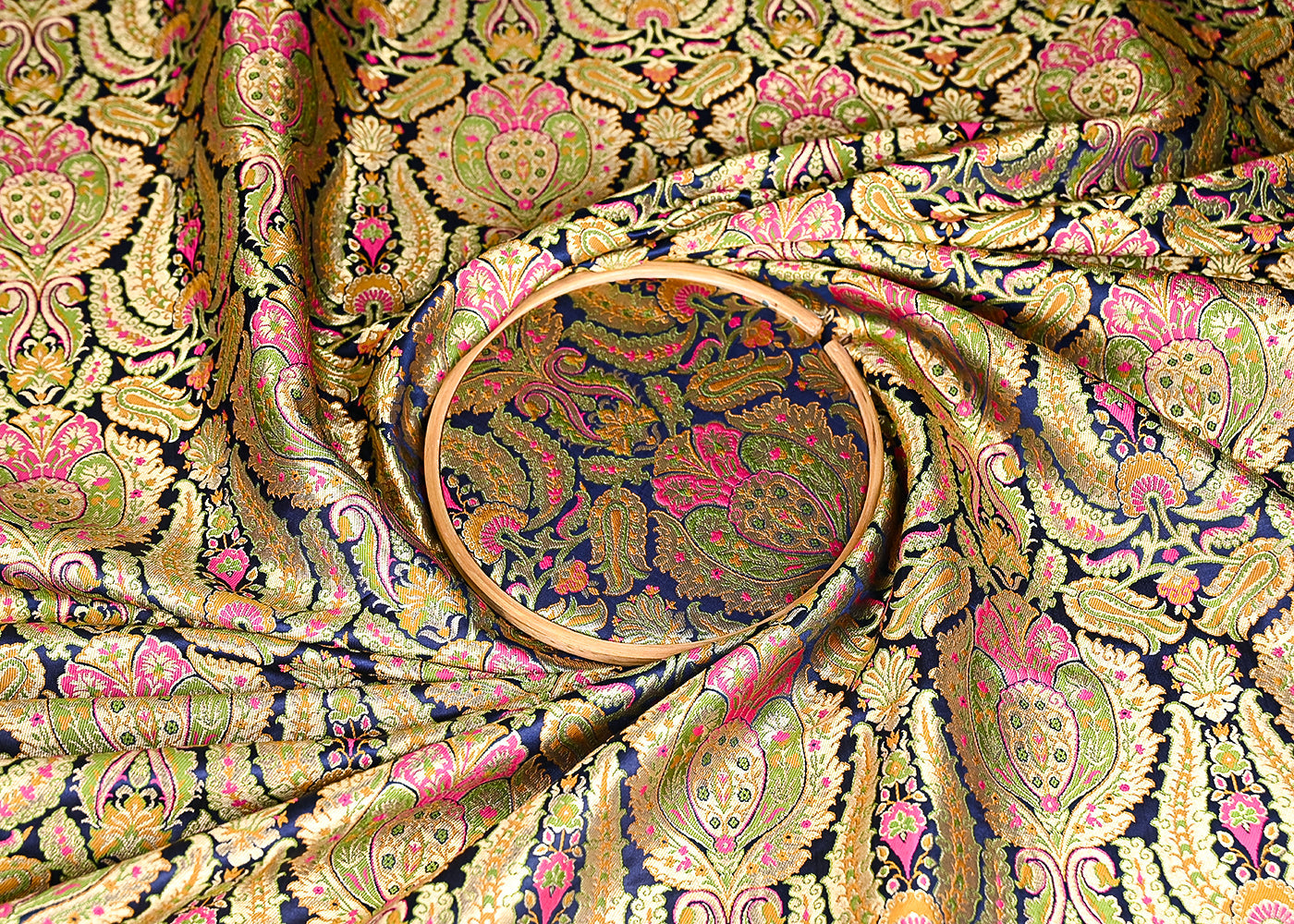 Navy Blue Pure Banarasi Brocade Fabric With All Over Thread And Zari Handloom 20948