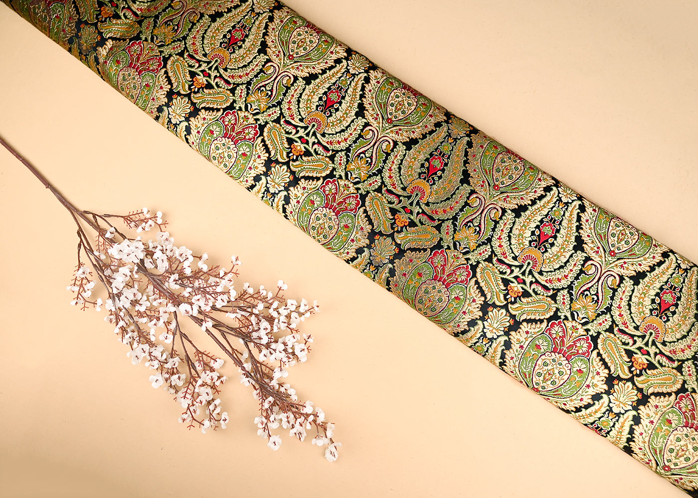 Black Pure Banarasi Brocade Fabric With All Over Thread And Zari Handloom 20949