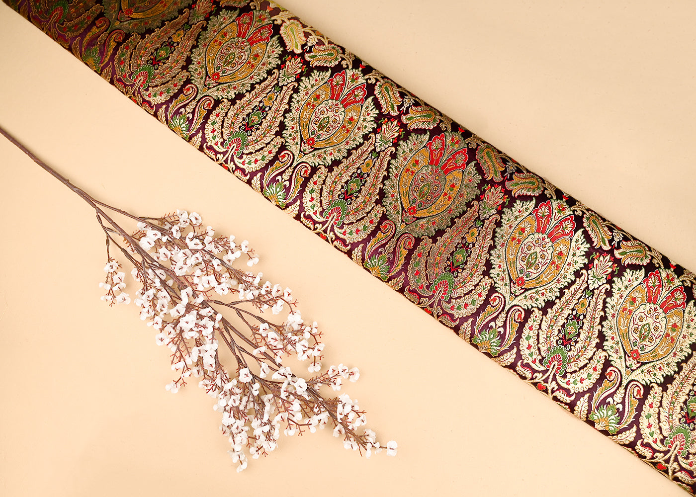 Maroon Pure Banarasi Brocade Fabric With All Over Thread And Zari Handloom 20950