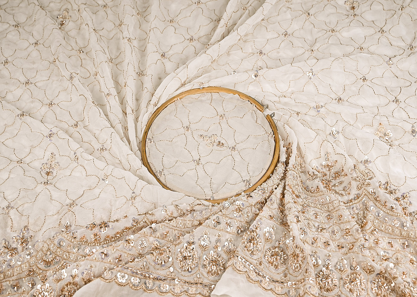 White Georgette Fabric With All Over Katdana, Zari, Bead And Sequins Work With One Side Border 20971