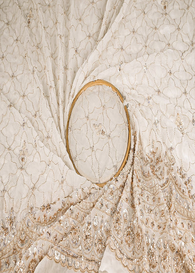White Dyeable Georgette Fabric With All Over Katdana, Zari, Bead And Sequins Work With One Side Border 20971