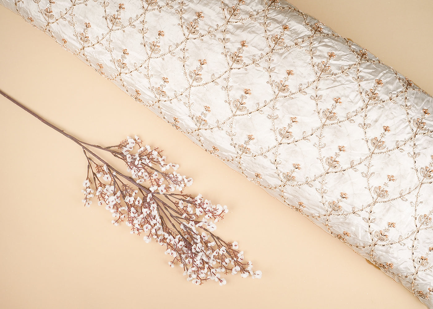 White Crepe Fabric With All Over Zari, Katdana And Sequins Work 20972