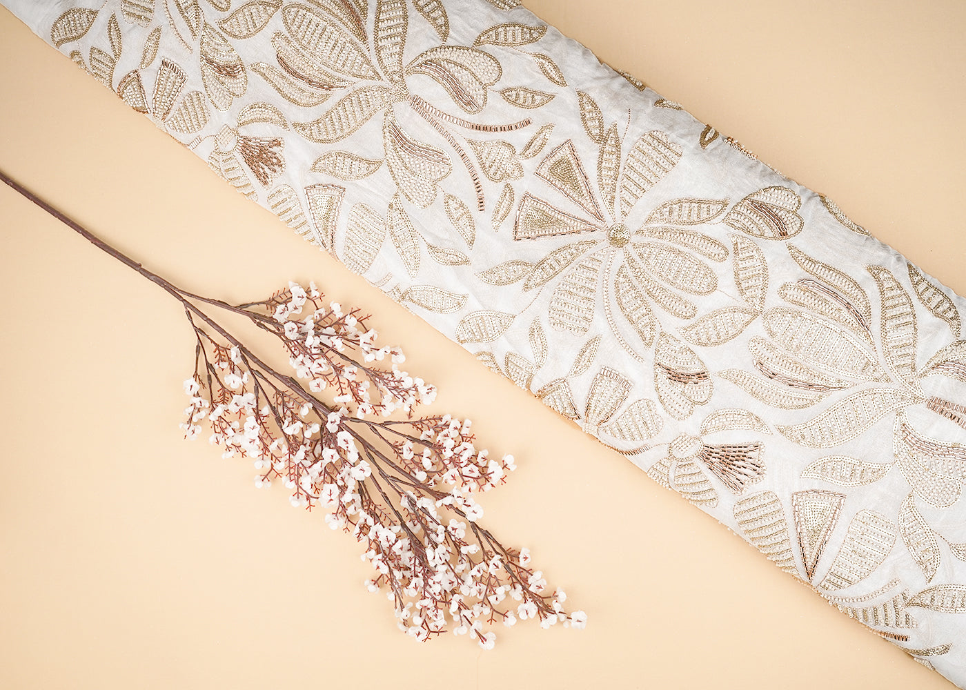 White Georgette Fabric With All Over Zari, Sequins, Bead And Katdana Work 20973