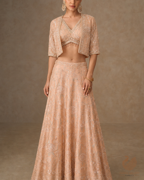Peach Satin Fabric With All Over Thread And Sequins Work 20976