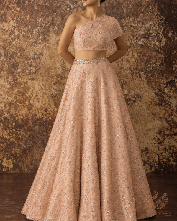 Peach Satin Fabric With All Over Thread And Sequins Work 20976