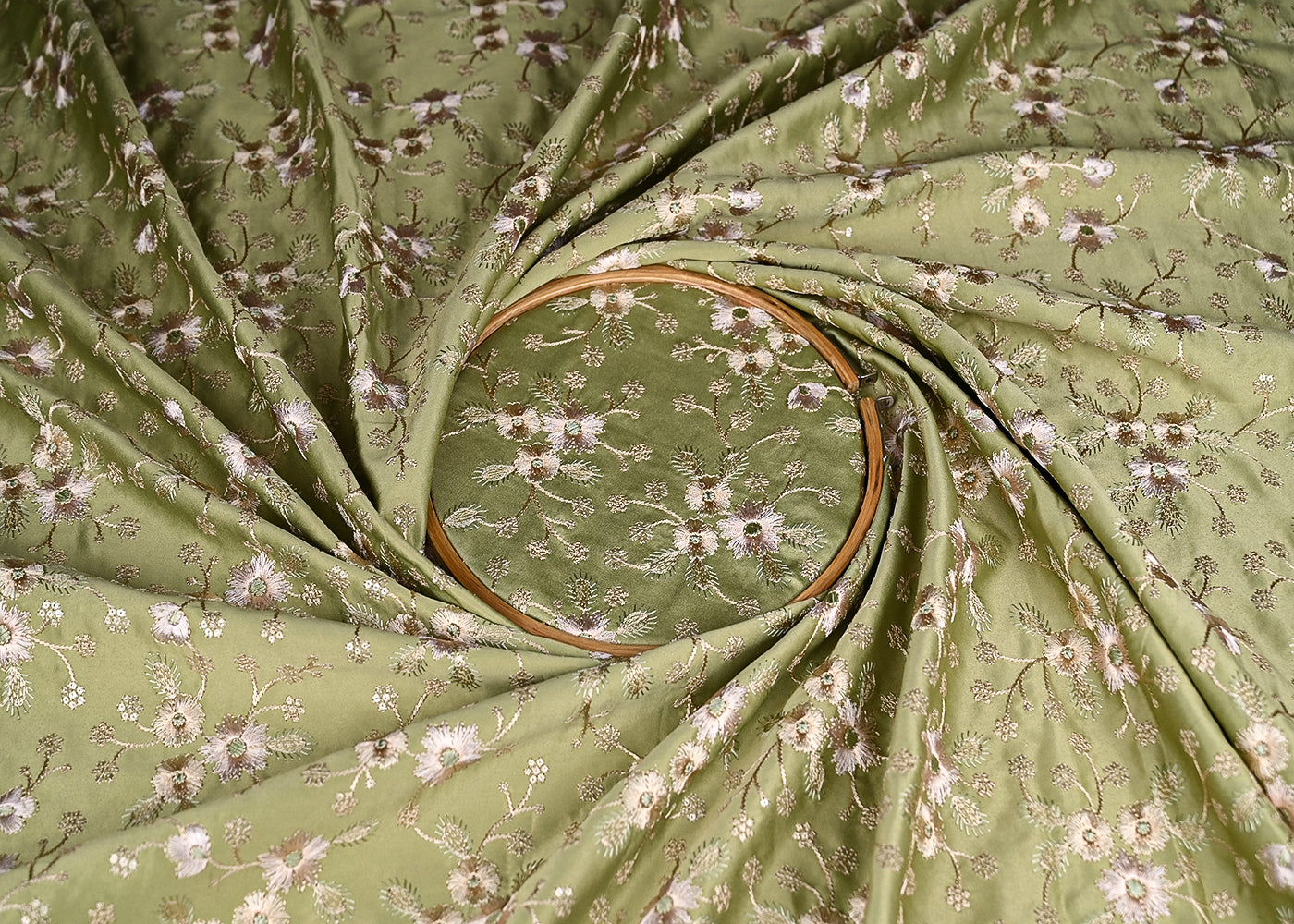 Pista Green Satin Fabric With All Over Thread And Sequins Work 20977