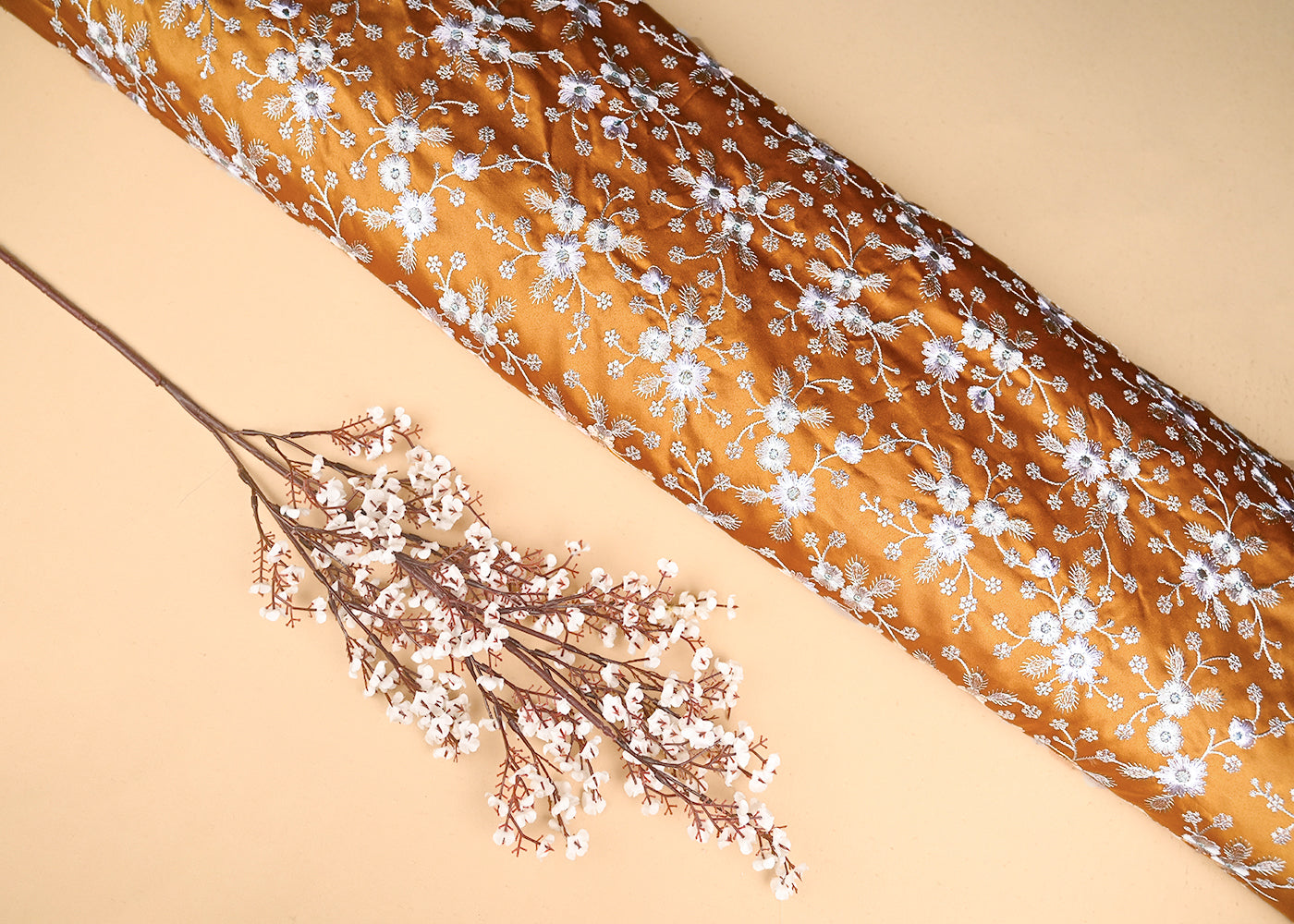 Mustard Satin Fabric With All Over Thread And Sequins Work 20978