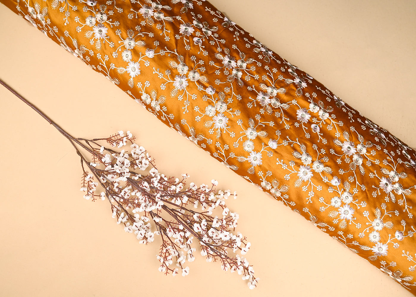 Mustard Satin Fabric With All Over Thread And Sequins Work 20978