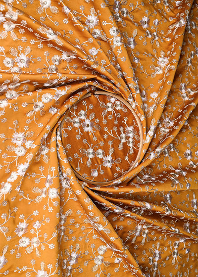 Mustard Satin Fabric With All Over Thread And Sequins Work 20978