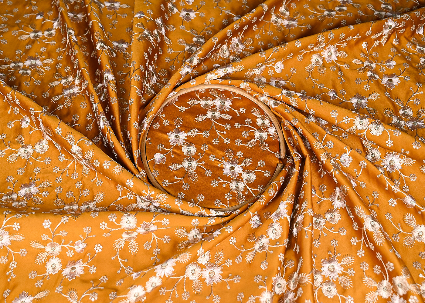 Mustard Satin Fabric With All Over Thread And Sequins Work 20978