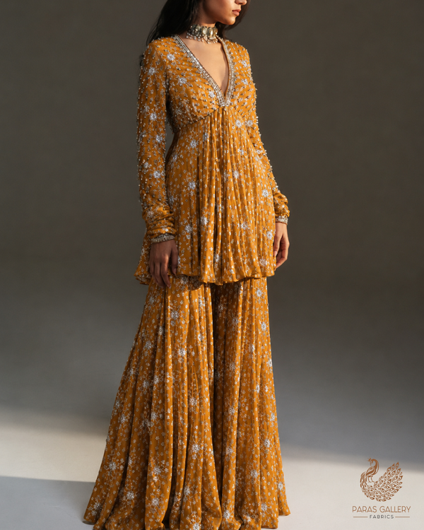 Mustard Satin Fabric With All Over Thread And Sequins Work 20978